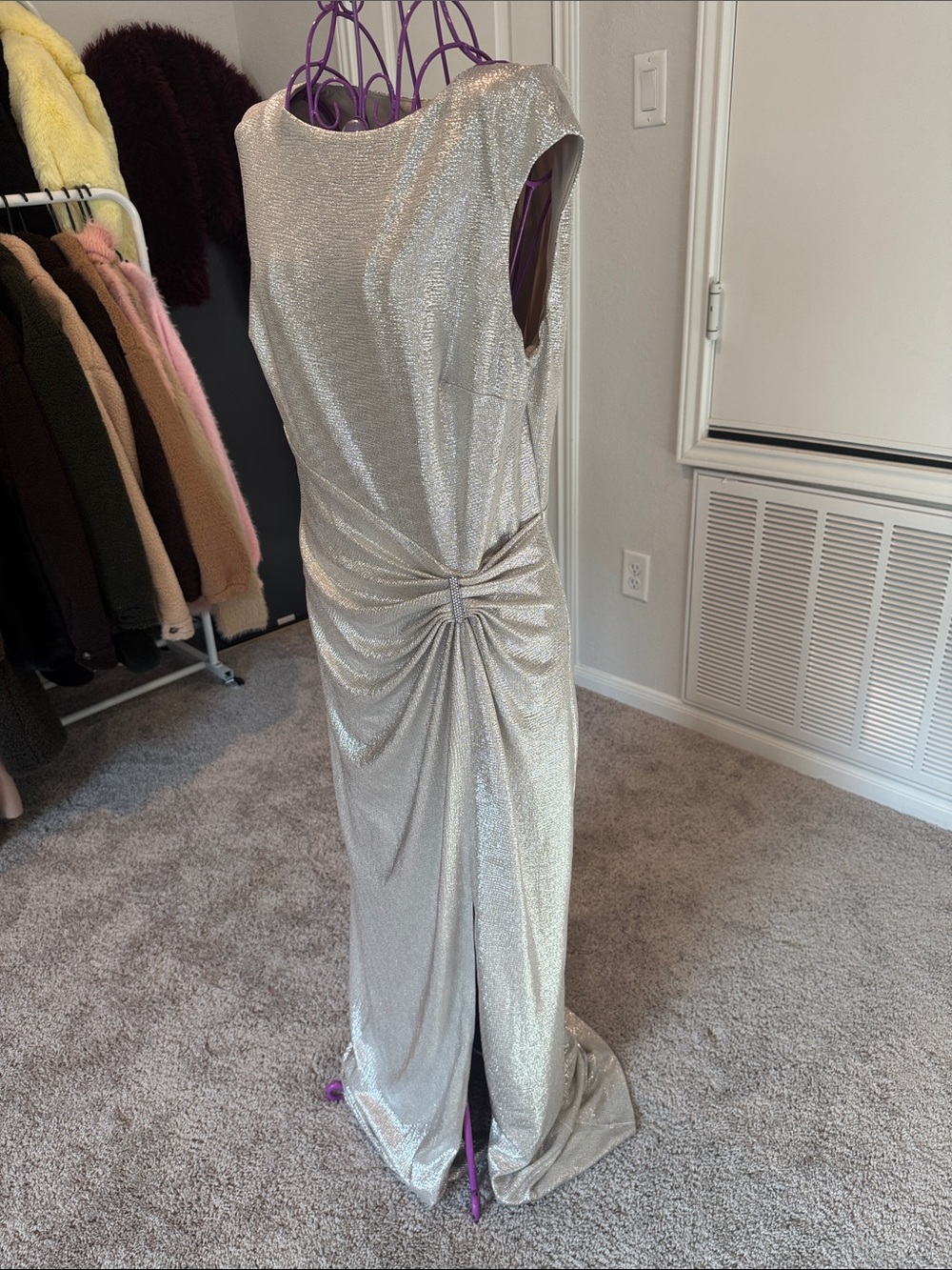 Ralph Lauren Silver Metallic Sleeveless Maxi Dress with Side Knot - Picture 3 of 5